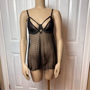 RSLOVE Black Sheer Lace Babydoll Slip Camisole w Polka Dot Detailing - Size S